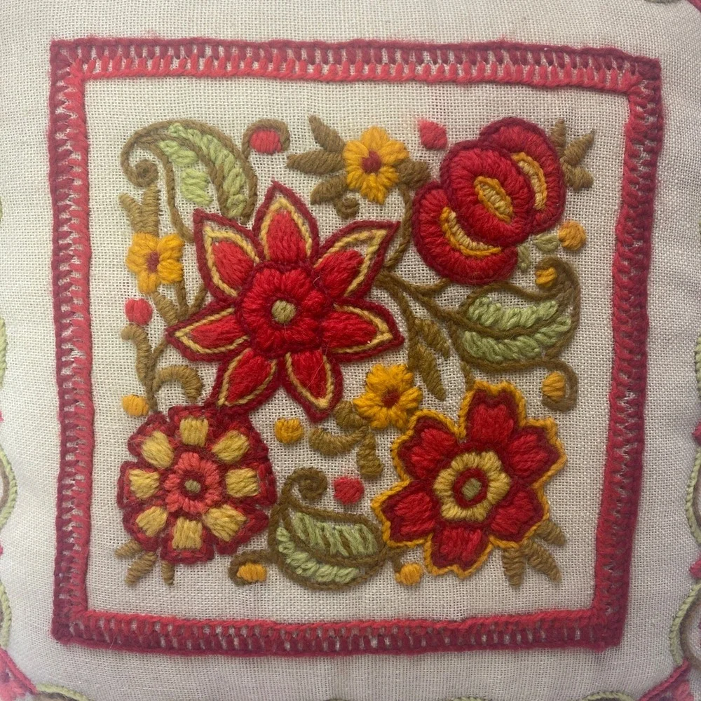 Vintage Embroidered Needlepoint Floral Pillow Square Boho Shabby Chic